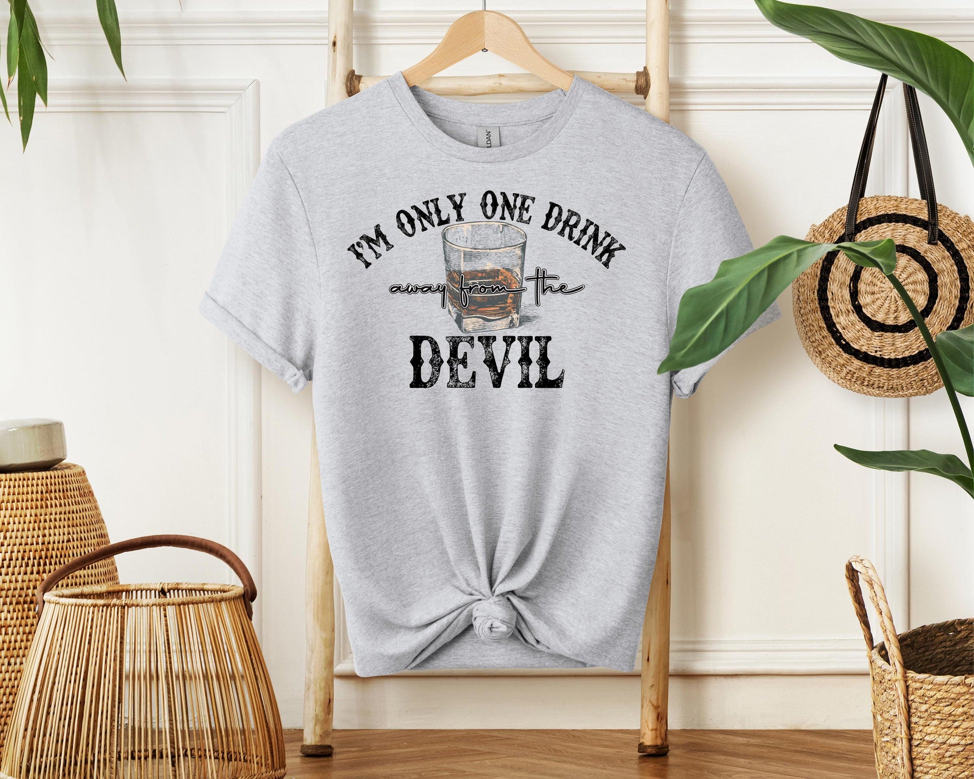 I’m Only One Drink Away From the Devil” Whiskey Shirt | Funny Whiskey Tee | Drinking Humor T-Shirt | Devil Whiskey Graphic Tee