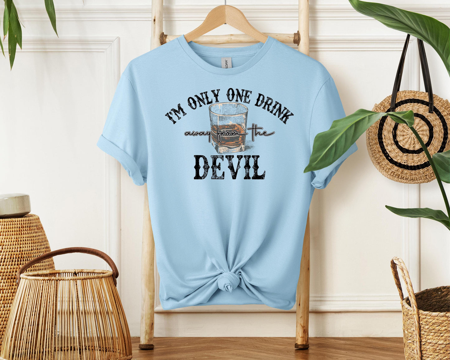 I’m Only One Drink Away From the Devil” Whiskey Shirt | Funny Whiskey Tee | Drinking Humor T-Shirt | Devil Whiskey Graphic Tee