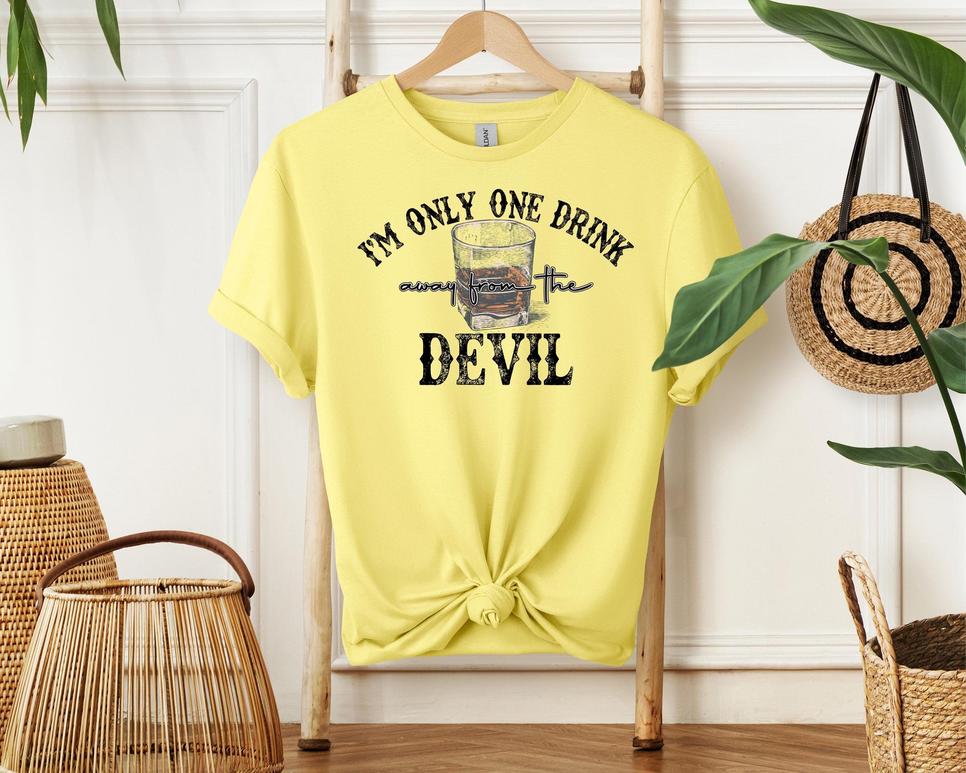 I’m Only One Drink Away From the Devil” Whiskey Shirt | Funny Whiskey Tee | Drinking Humor T-Shirt | Devil Whiskey Graphic Tee