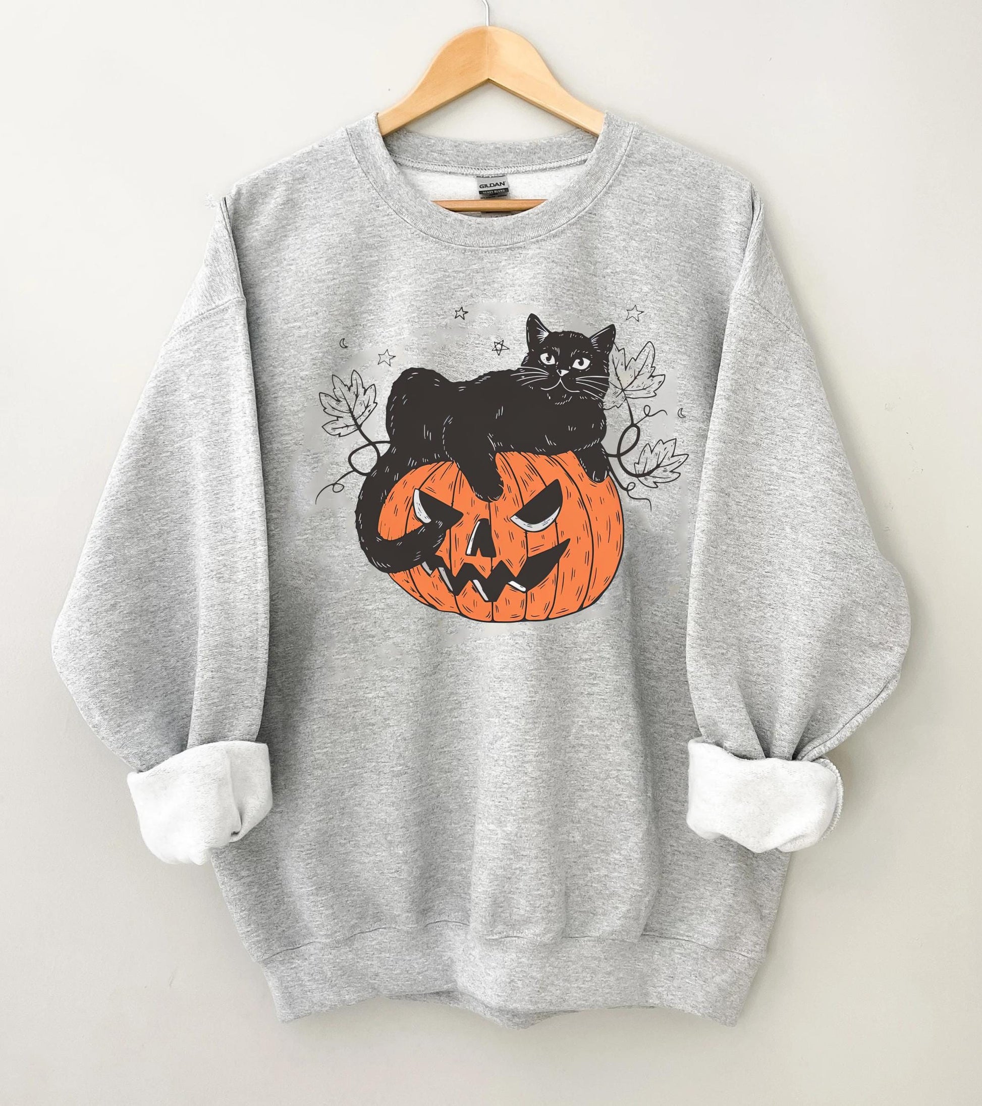 Halloween Sweatshirt | Cat on Pumpkin Sweater | Black Cat Halloween Crewneck | Spooky Season Graphic Top