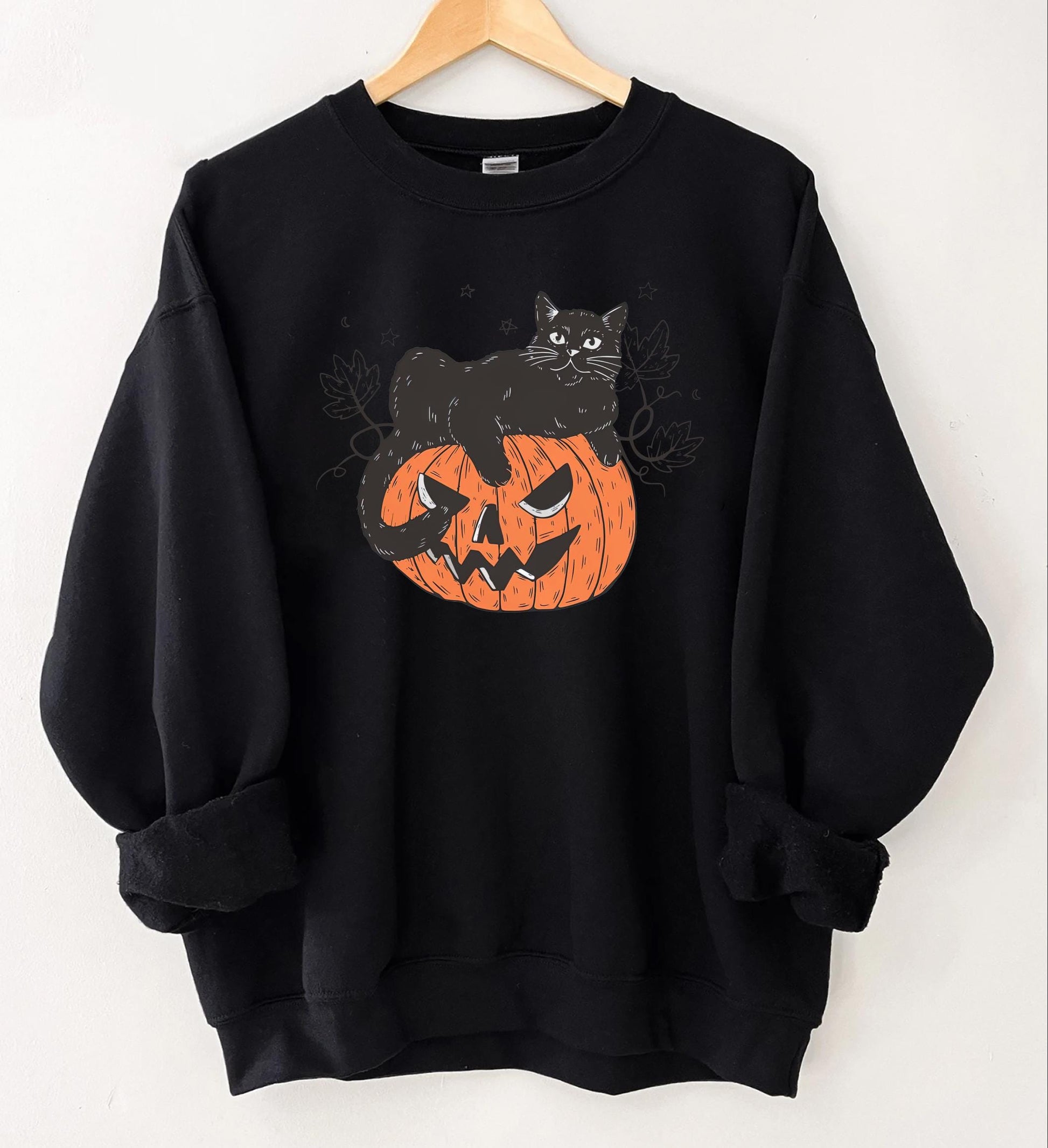 Halloween Sweatshirt | Cat on Pumpkin Sweater | Black Cat Halloween Crewneck | Spooky Season Graphic Top